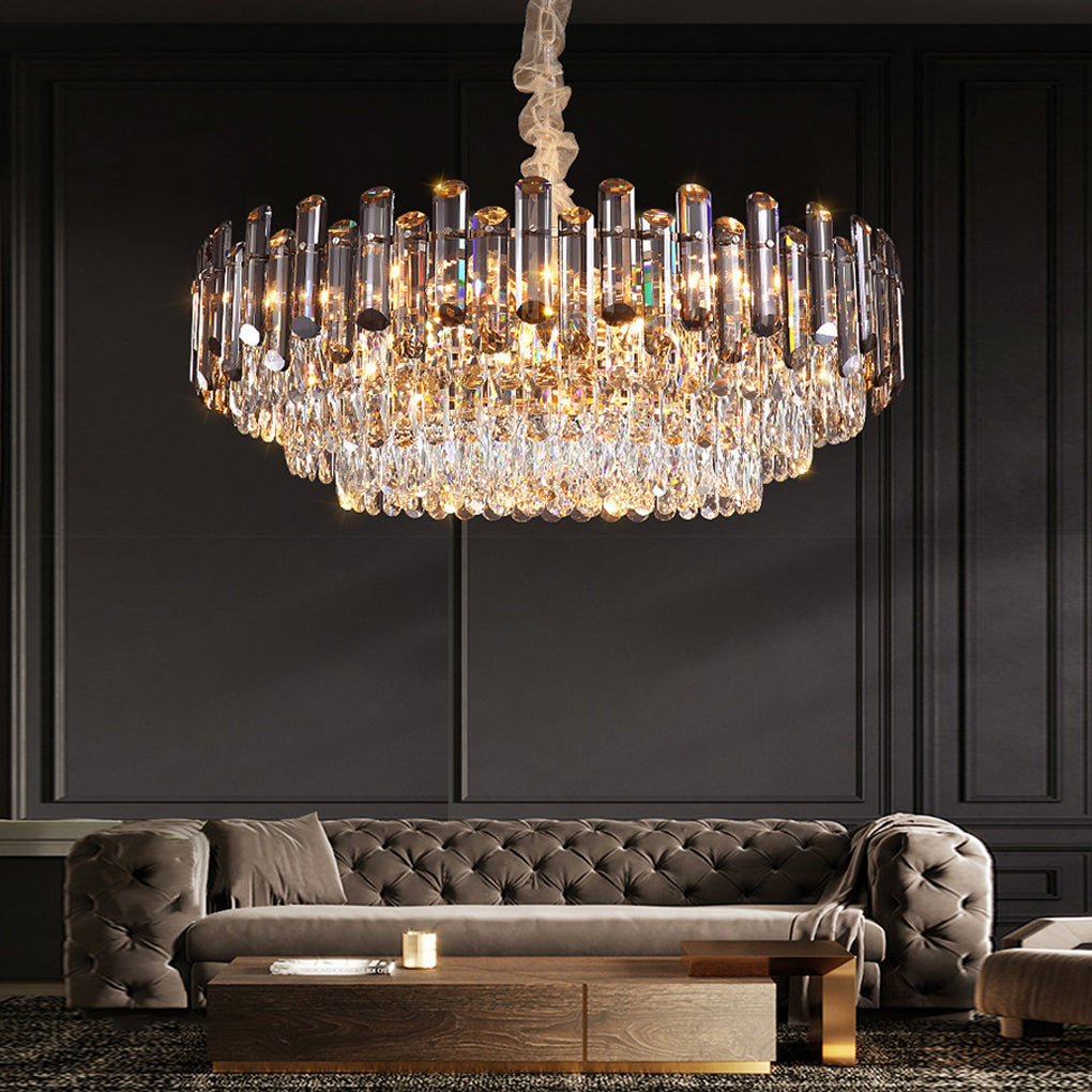Round drum crystal chandelier with sparkling crystals, enhancing the luxury of a contemporary living room.