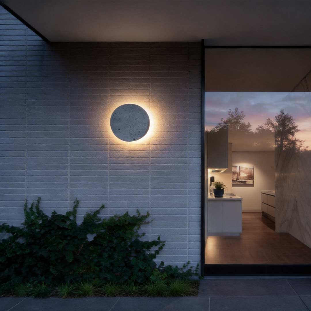 Round exterior wall lights illuminating a stylish outdoor corridor with warm light.