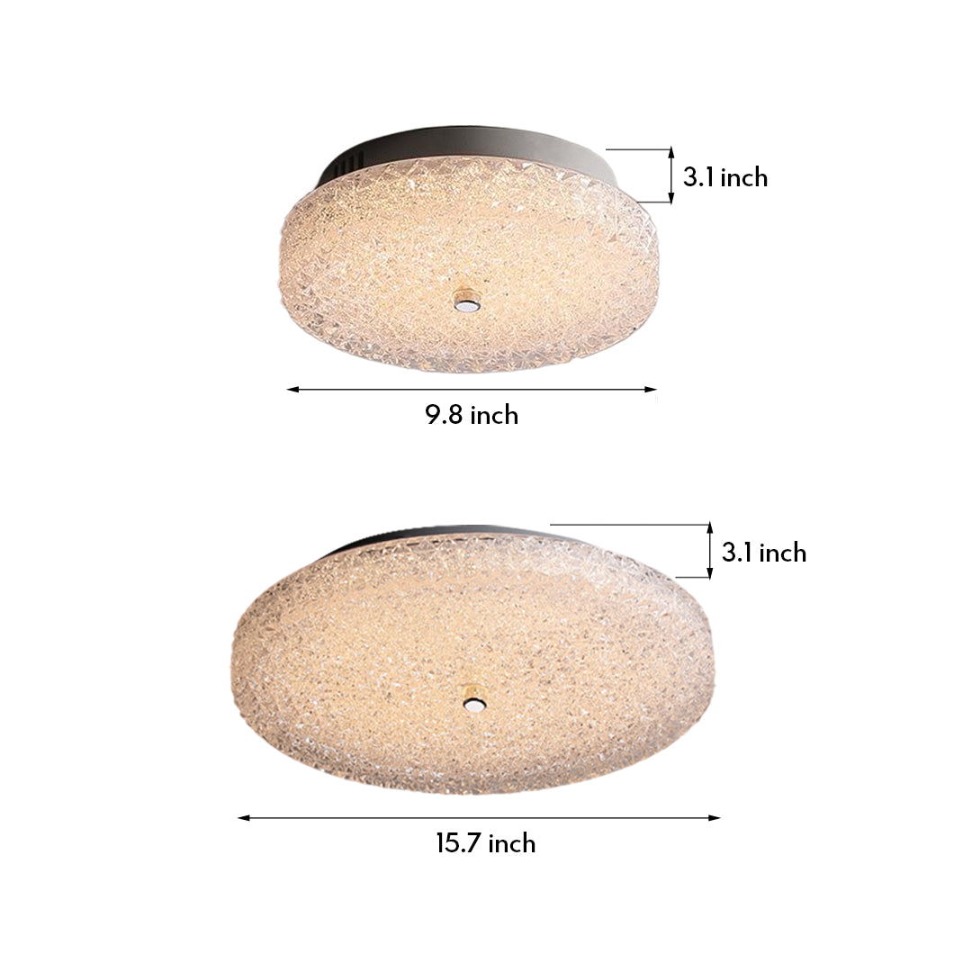 Dimensions and design layout of a round flush mount crystal ceiling light with a metallic frame.
