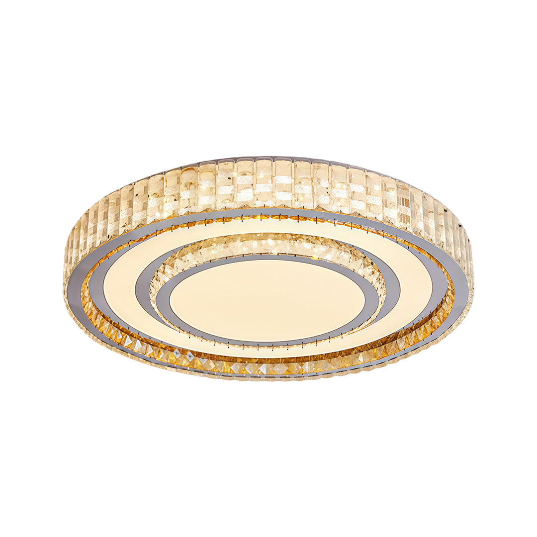Double-ring round flush mount LED light fixtures with crystal border and gold details.