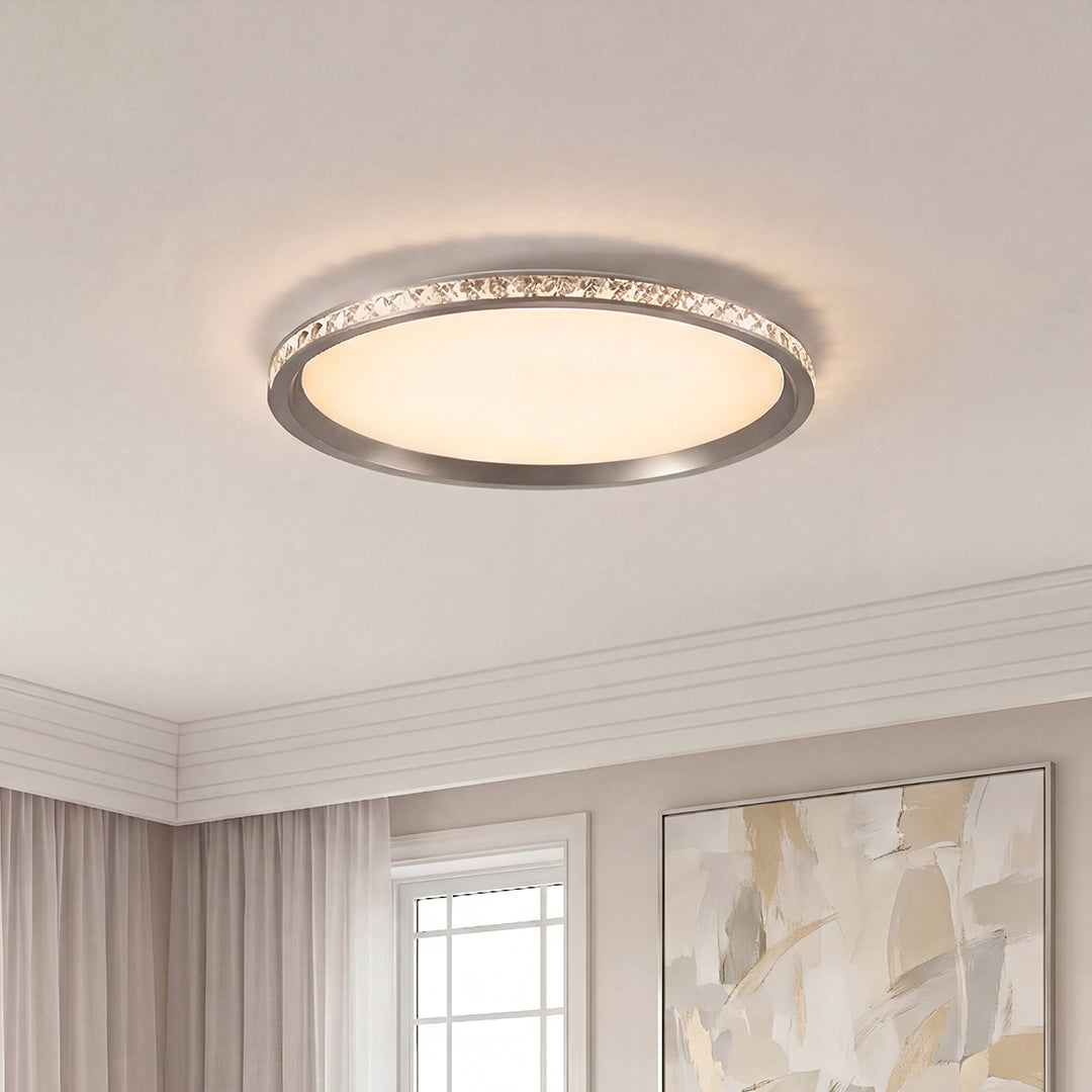 Modern round flush mount led lights with a silver frame and a sparkling crystal textured ring.