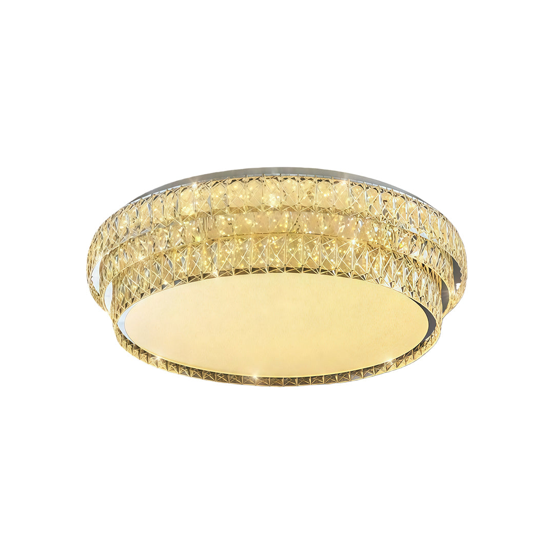 Round flush mount modern lighting with glass shade chandelier aesthetic featuring champagne gold finish and crystal border detail.