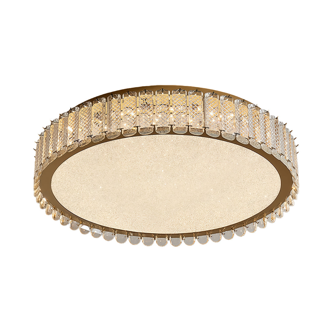 Round flush mounted LED lights with glass shade chandelier aesthetic featuring champagne gold trim and crystal border detail.