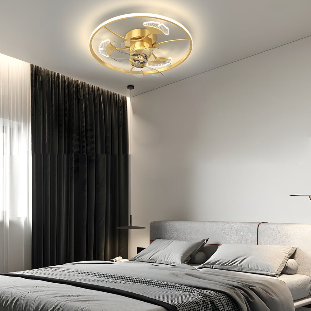 Round Ginkgo Leaves Decor 3 Step Dimming Modern Fans Ceiling with Lights