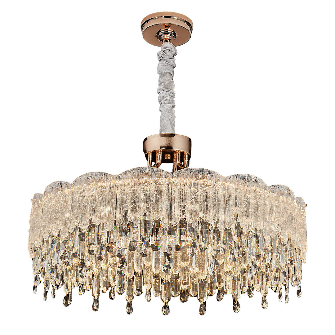 Round glass fringe chandeliers in gold finish with cascading glass pieces.