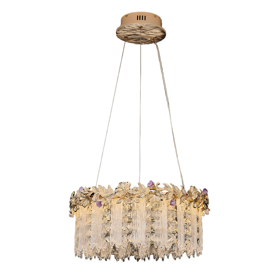 Round gold chandelier crystal with layered faceted prisms and elegant frame.
