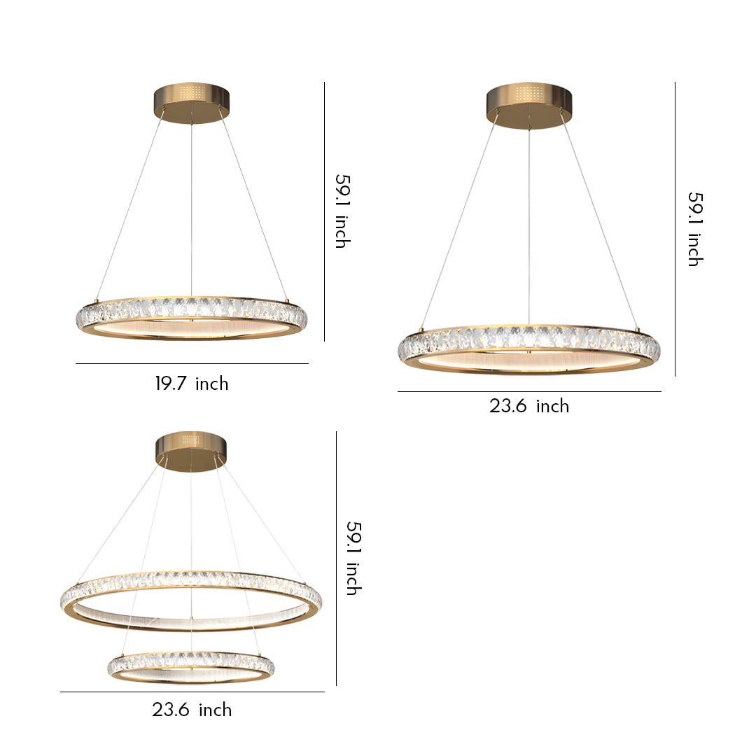 Round gold crystal chandelier collection showing various sizes with circular frames and integrated LED crystal elements