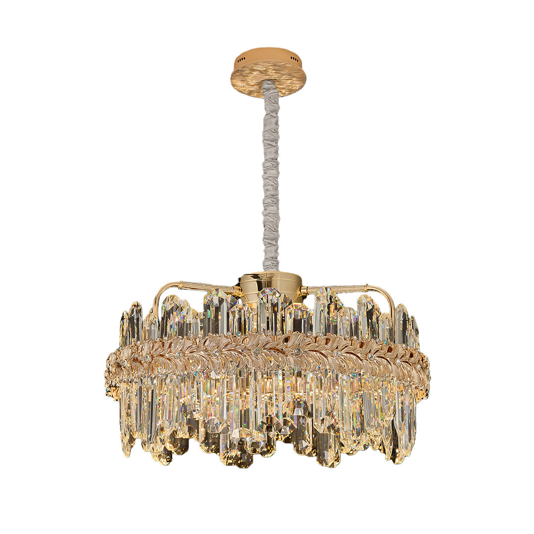 Round gold chandelier lamp with cascading crystal prisms and elegant design.