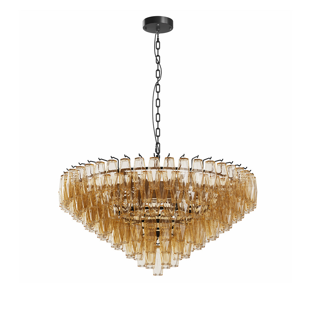 Modern round gold glass pendant chandelier with layered teardrop crystals for elegant interiors.
