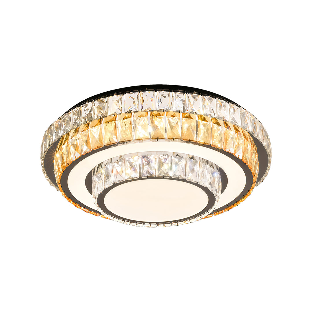 Round modern flush mount light fixture with gold trim and crystal edge for elegant ceiling lighting.