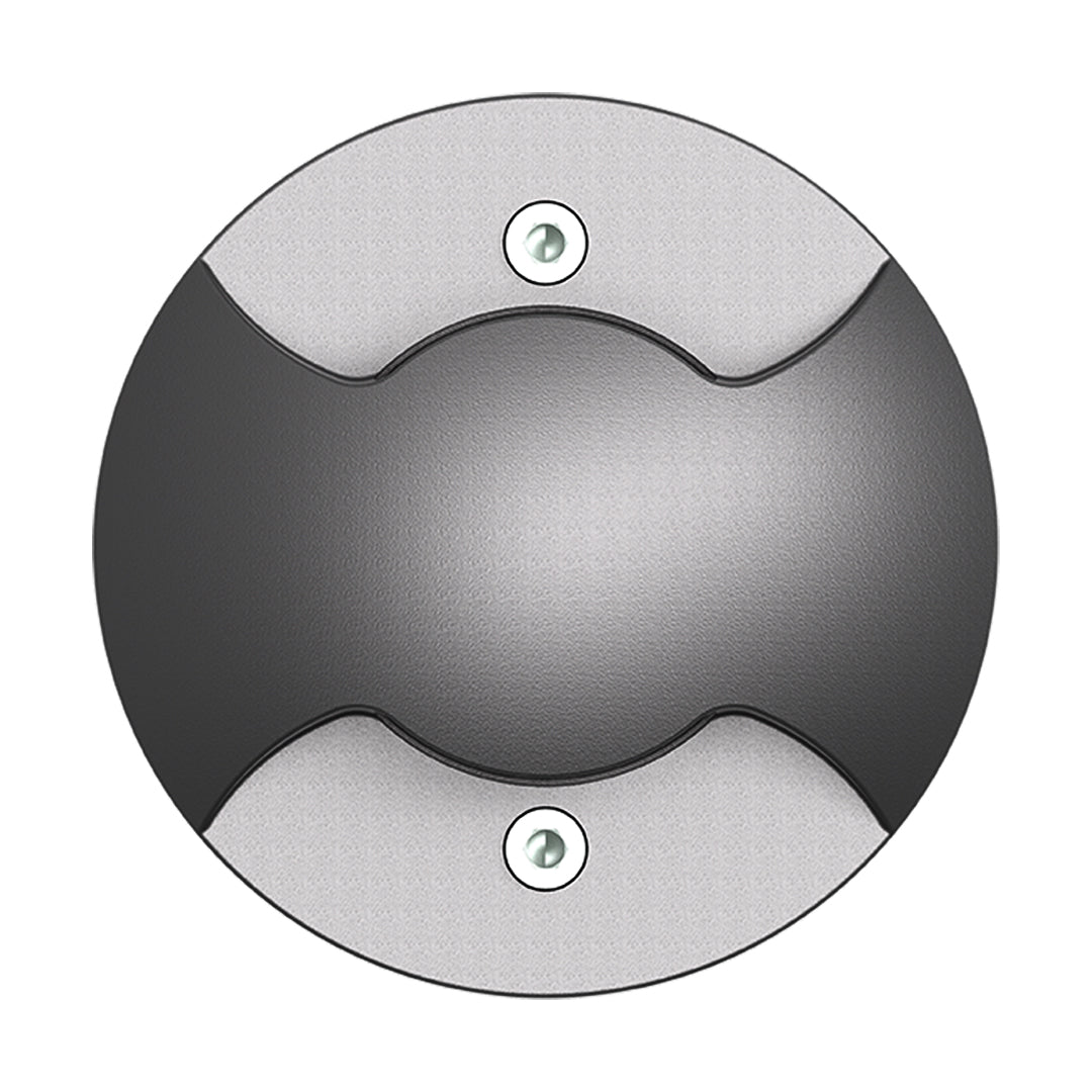 Round gray outdoor light fixture with dual white accent openings and modern minimalist design