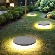 Round lawn light installed along a garden pathway creating soft ground illumination