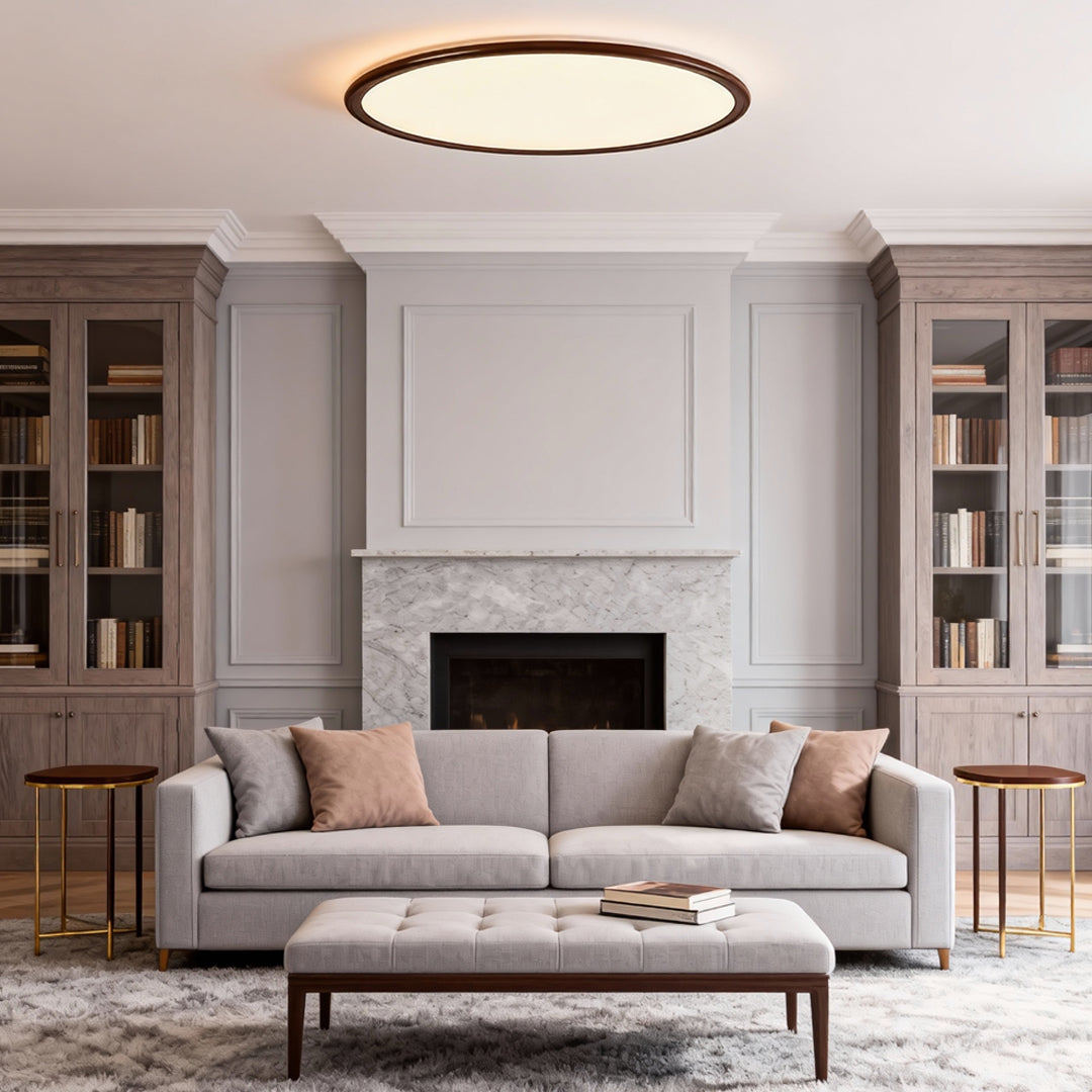 Round LED ceiling light showing different color temperature options