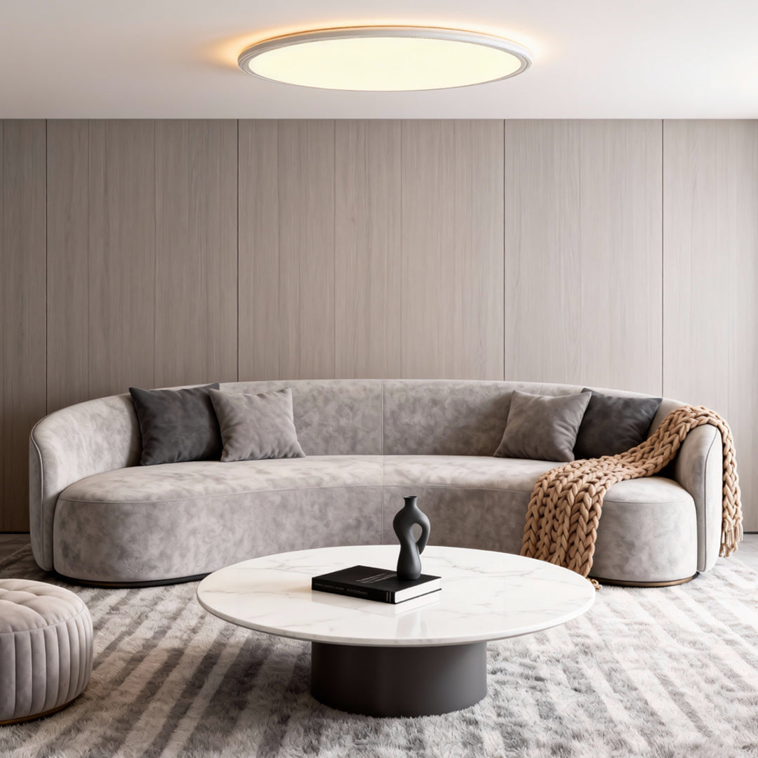 Round LED ceiling light creating soft ambient lighting
