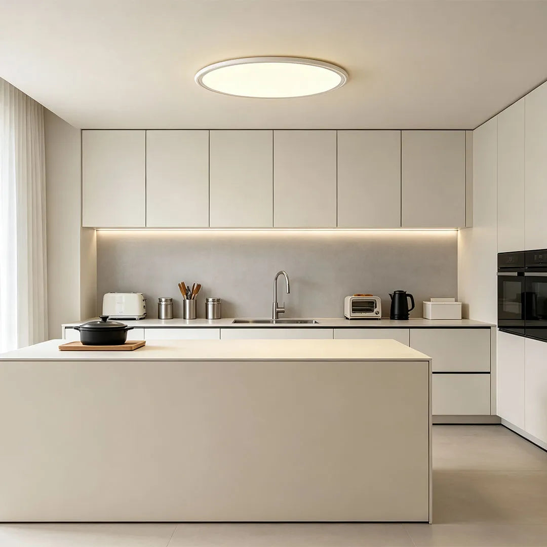 Round LED ceiling lights mounted above a minimalist white kitchen with a large island and clean cabinetry.