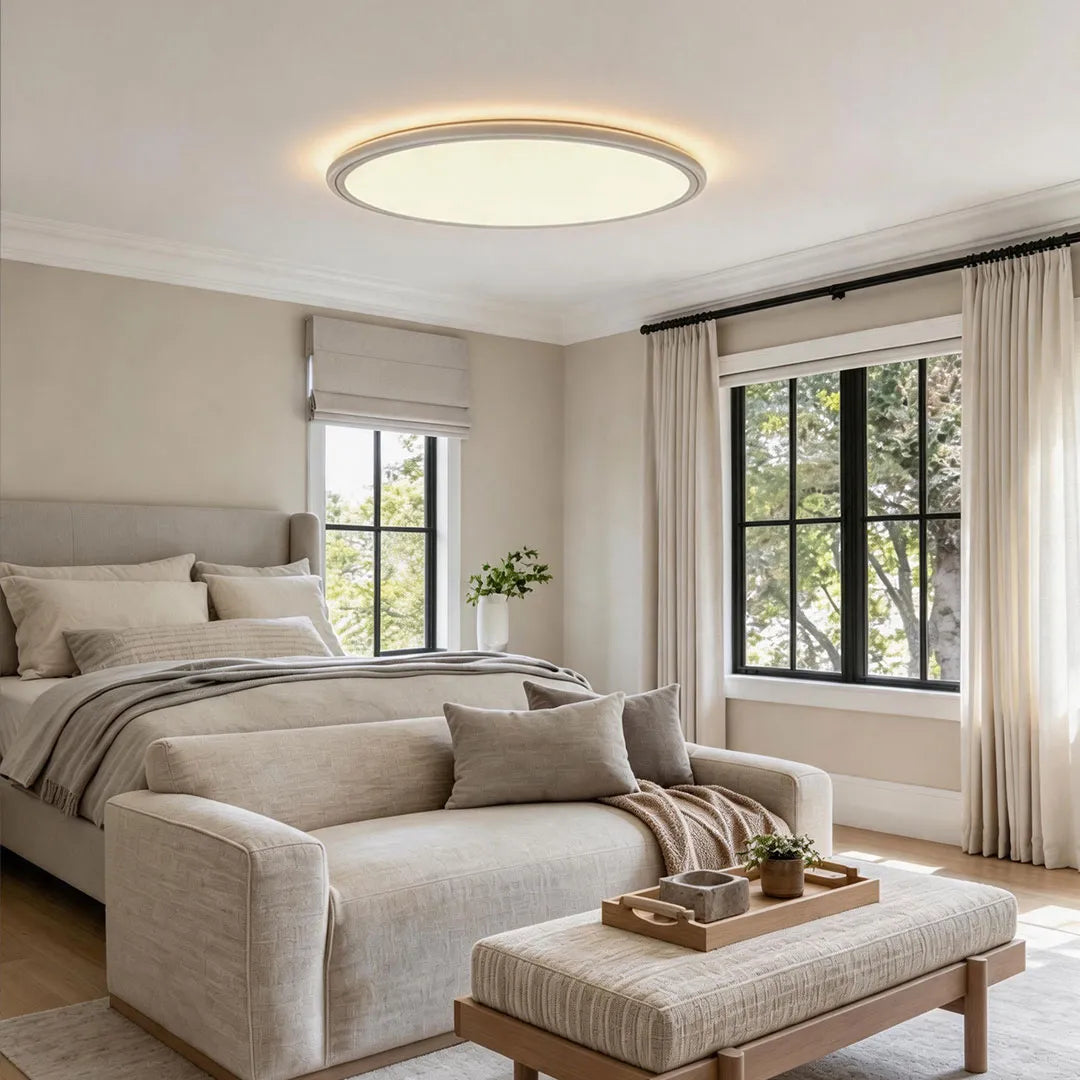 Round LED ceiling lights installed in a soft neutral bedroom with a cozy lounge chair and ottoman.