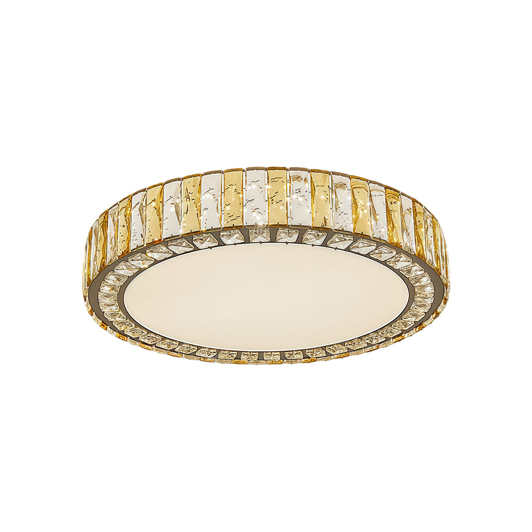 Round LED flush mounted ceiling lights with glass shade chandelier aesthetic featuring gold finish and ornate crystal border.