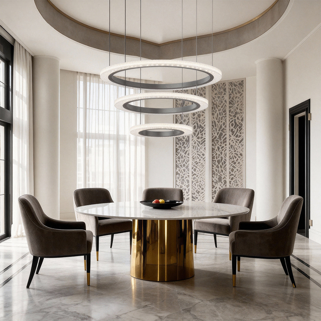 Modern luxury chandeliers creating dramatic effect in sophisticated dining room with multi-tier design