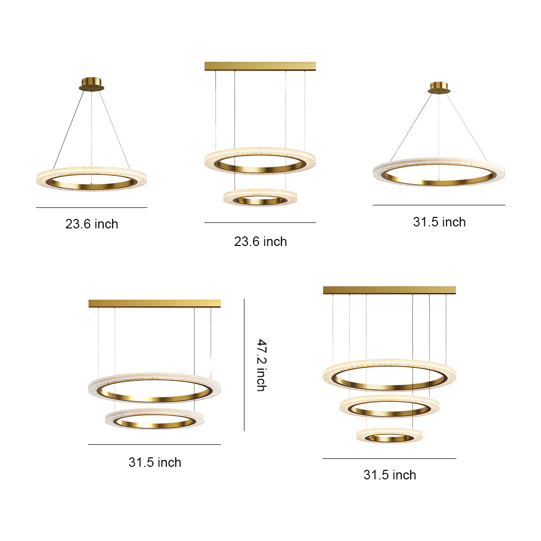 Round modern chandelier specification diagram showing multiple size and configuration options