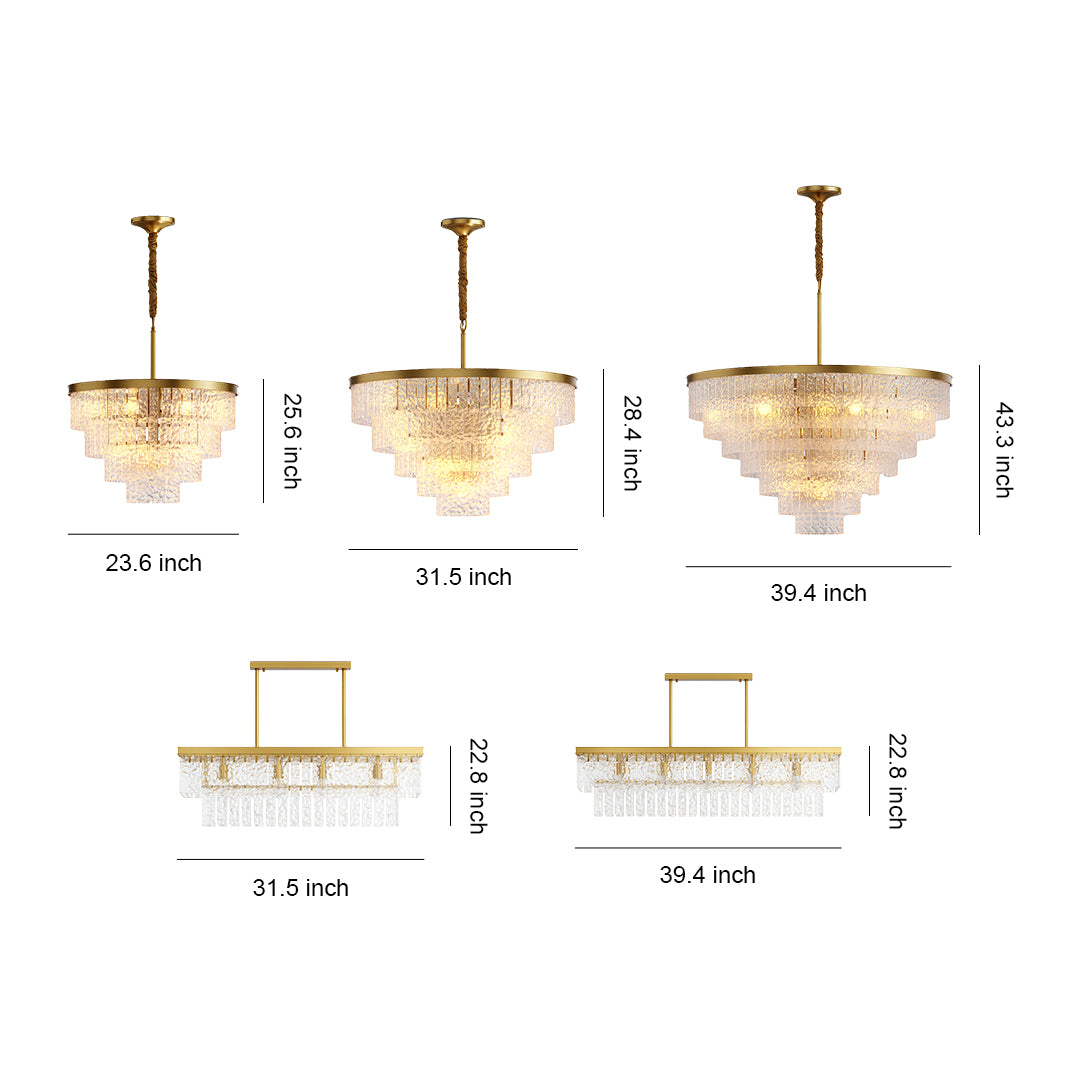 Round modern chandelier specification diagram showing multiple size options with dimensions