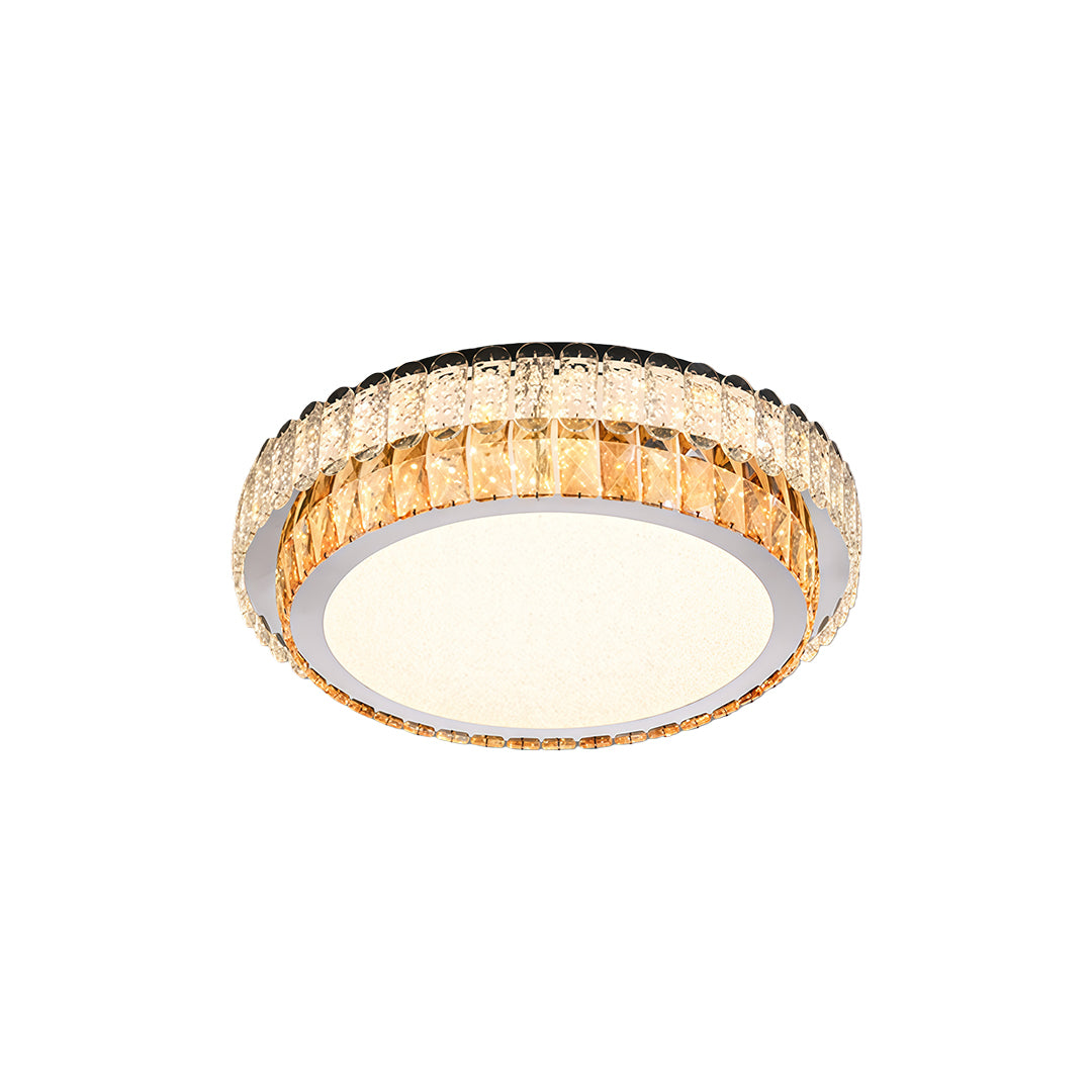 Round modern flush mount ceiling light with golden crystal frame.