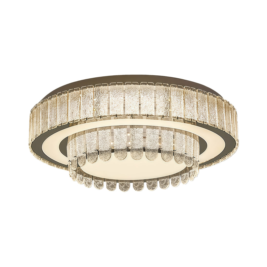 Round modern flush mount light fixtures with glass shade chandelier aesthetic featuring double-ring design and crystal trim.