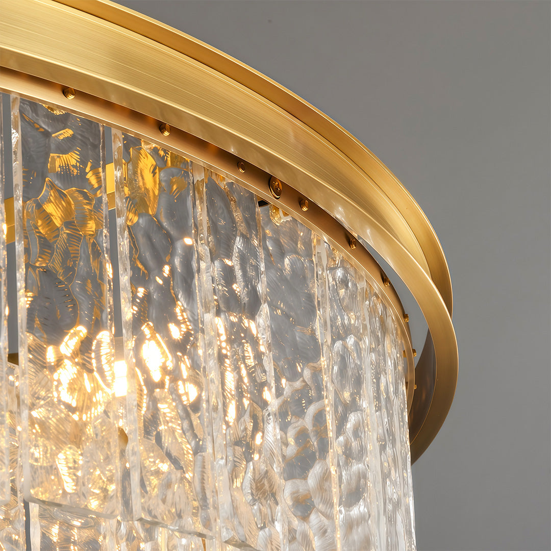 Luxury modern forms chandelier style round modern chandelier close-up showcasing brass and crystal detail.