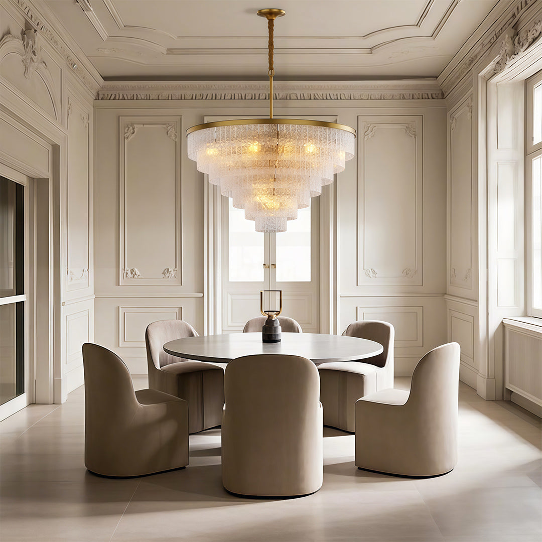 Luxury modern forms chandelier inspired round modern chandelier in elegant paneled dining room.