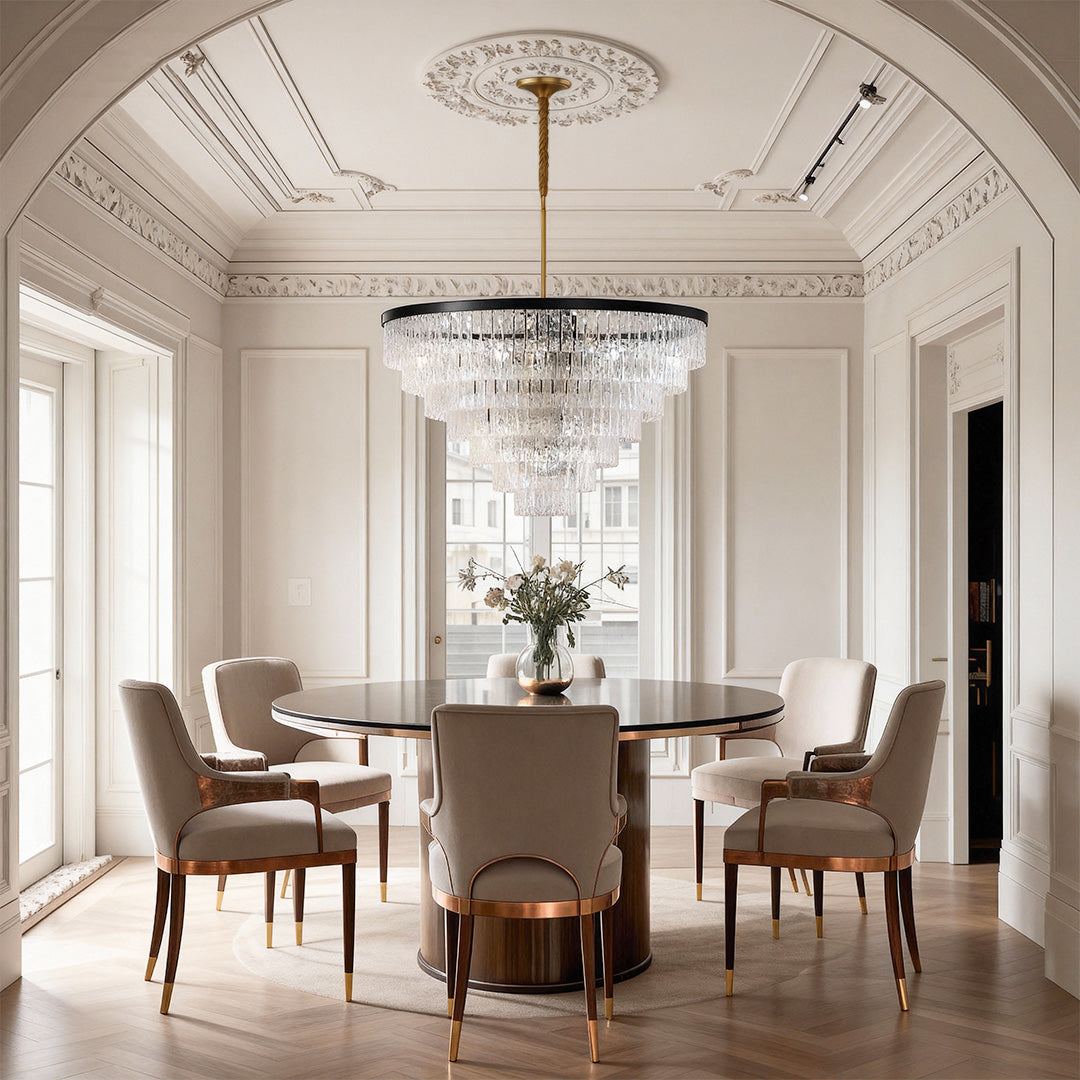 Luxury modern forms chandelier style round modern chandelier in sophisticated dining room with ornate ceiling.