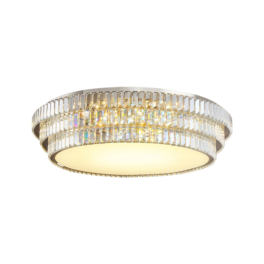 Modern round LED flush mount lighting featuring a clear crystal trim.