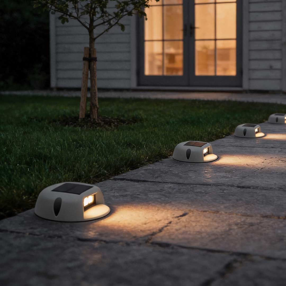 Round outdoor deck light illuminating a garden pathway with warm ambient glow.