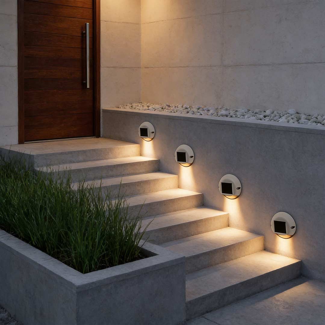 Round outdoor deck light enhancing a modern house entrance with soft illumination.