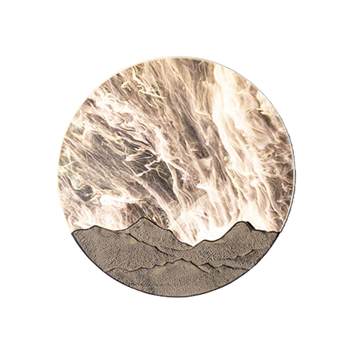 Round outdoor sconce with a close-up of its bottom texture and light effect.