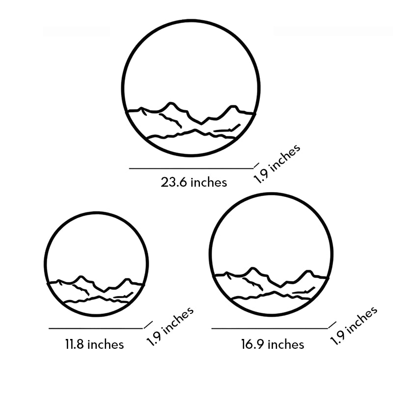 Dimension diagram of round outdoor sconce showing 11.8, 16.9, and 23.6 inch sizes.