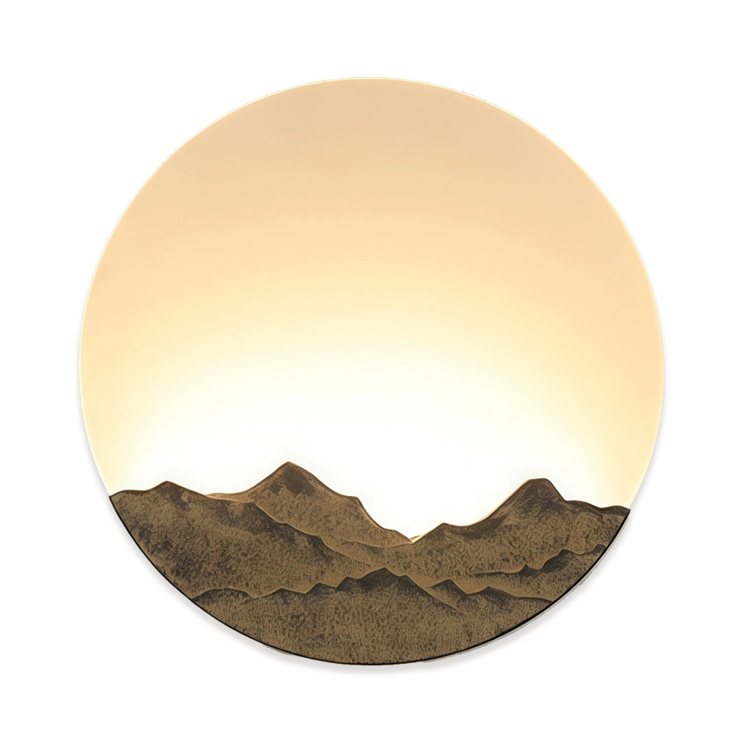 Round outdoor sconce with a warm circular shade and mountain landscape detail on white.
