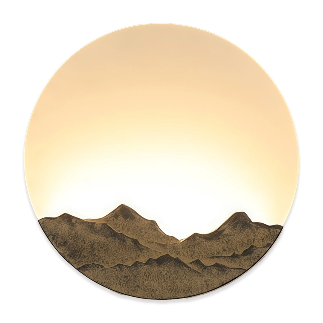 Round outdoor sconce with a large glowing panel and mountain design shown on a white background.
