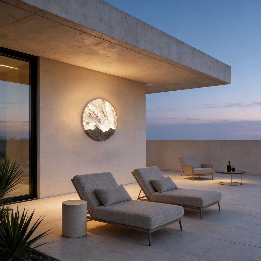 Round outdoor sconce enhancing a stylish outdoor seating area with lounge chairs.