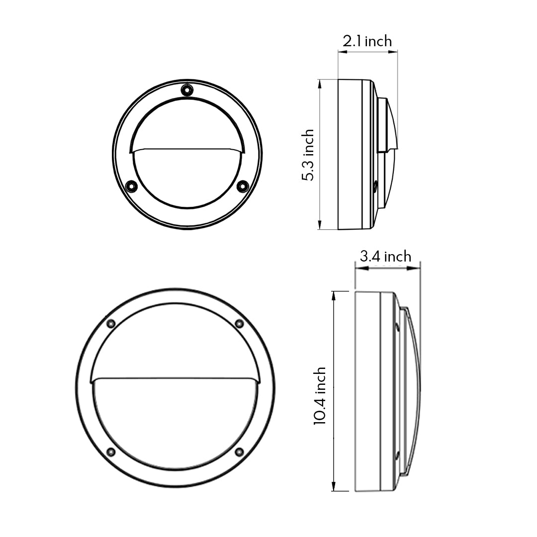 Round outdoor wall sconce technical drawing showing top and side view dimensions and measurements