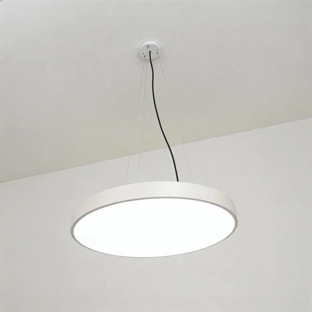 Angled view of round pendant lights with a white circular frame and suspended cable design.