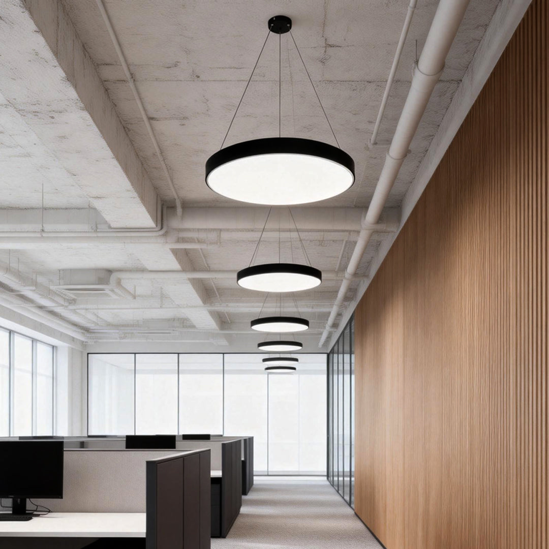 Round Pendant Lights Modern Black Drum LED Office Lamp – Dazuma