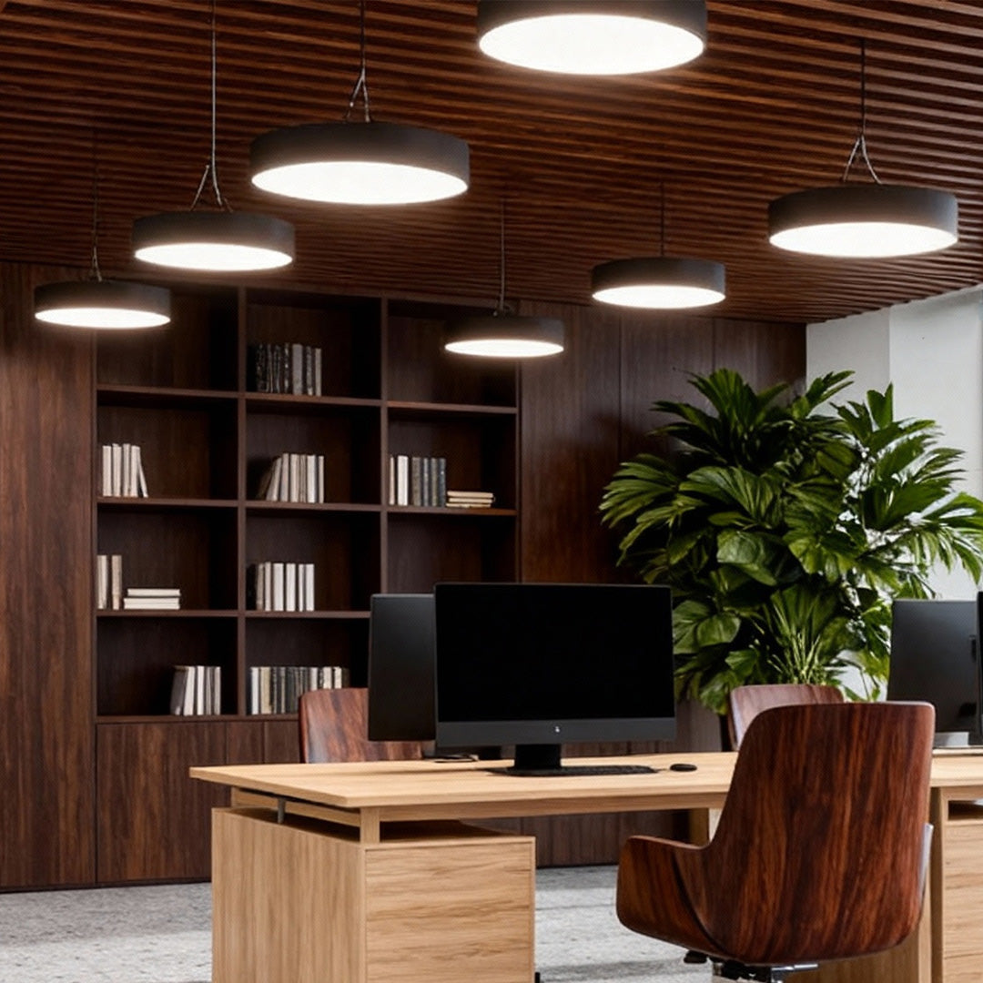 Round pendant lights installed in a modern office interior