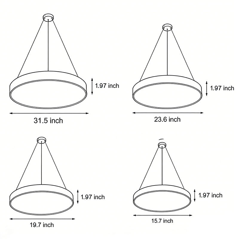 Round pendant lights size chart displaying multiple diameter options and suspension dimensions.
