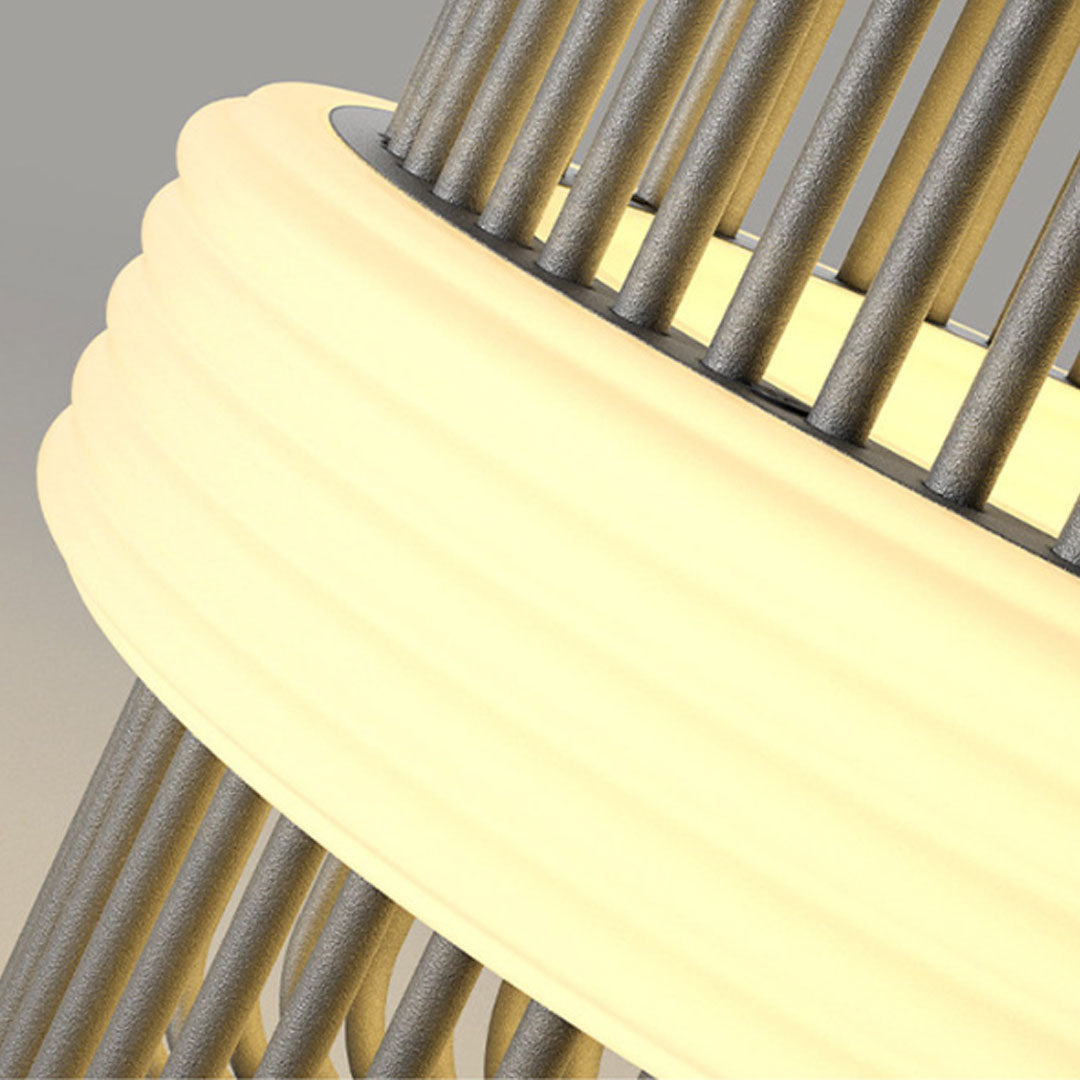 Round pillar lights outdoor close-up featuring illuminated frosted diffuser and metal cage structure.