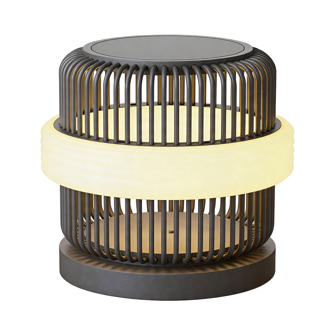 Round pillar lights outdoor large version with elegant cylindrical frame and warm ambient lighting.