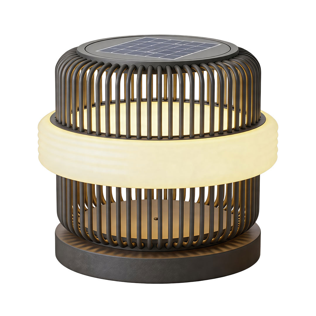 Round pillar lights outdoor large solar garden lamp with decorative cage structure and warm glow.