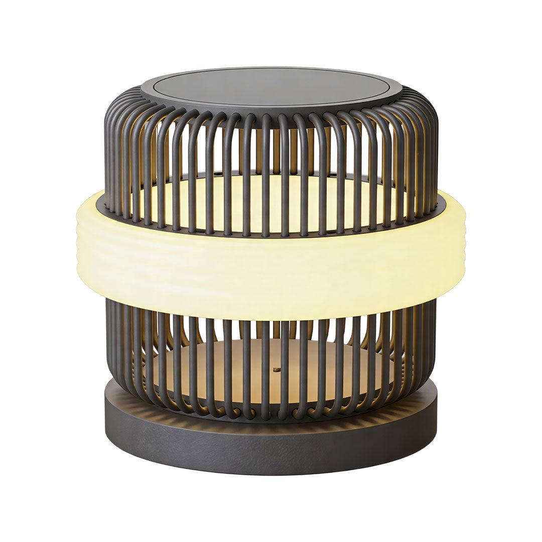 Round pillar lights outdoor in medium size featuring decorative metal bars and warm LED ring.