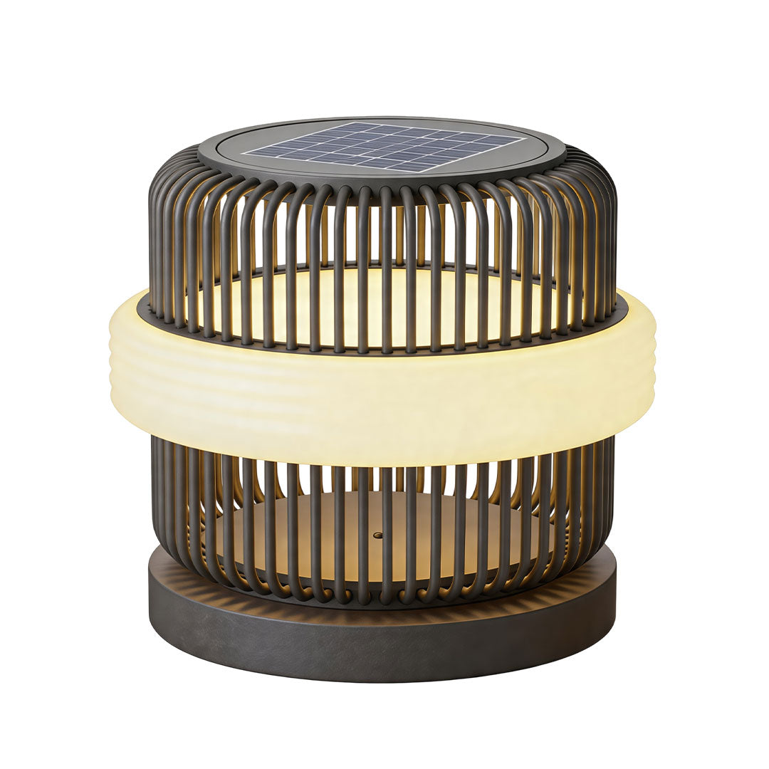 Round pillar lights outdoor small model with solar top and warm glowing outdoor illumination.
