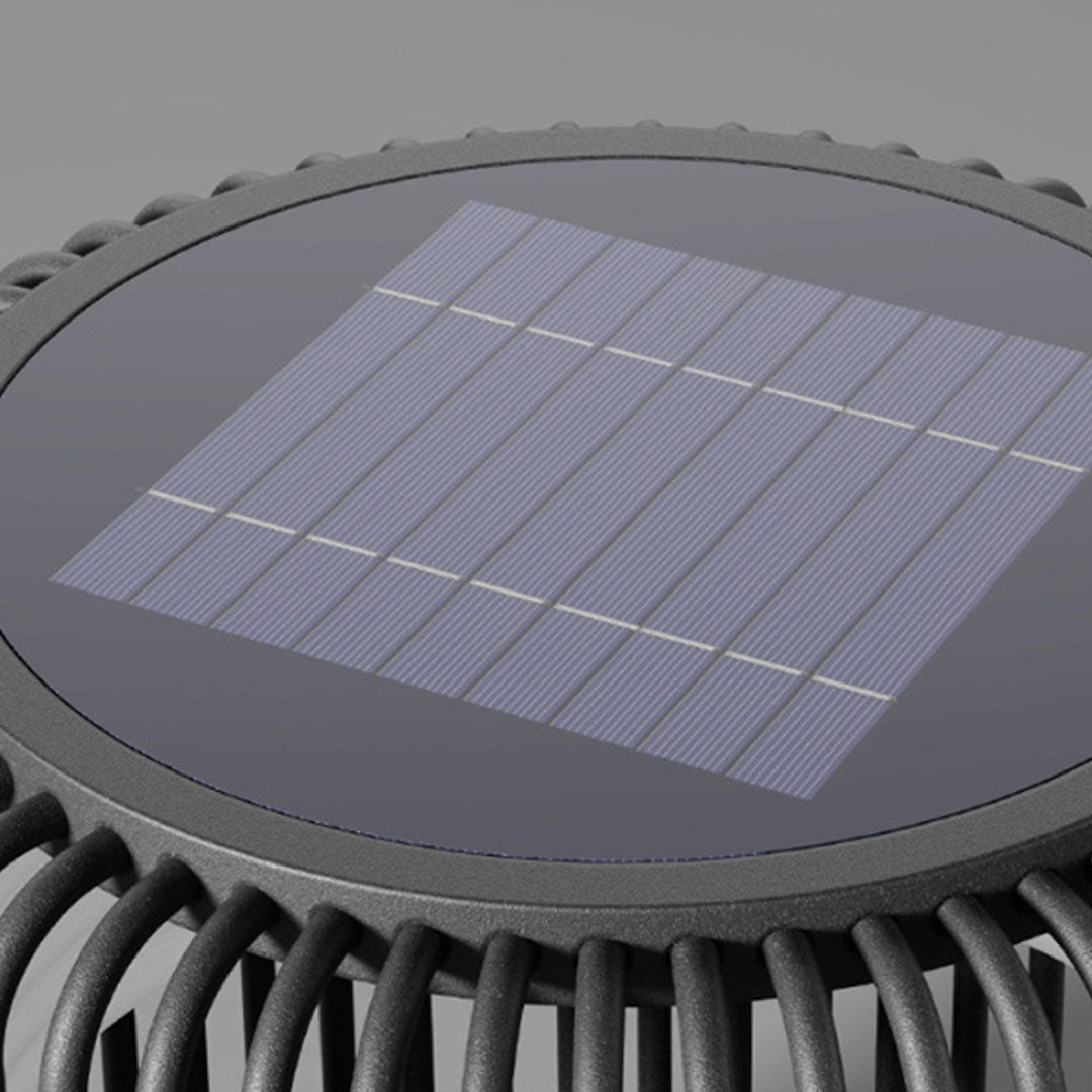 Top solar panel detail of round pillar lights outdoor with modern integrated energy-saving design.