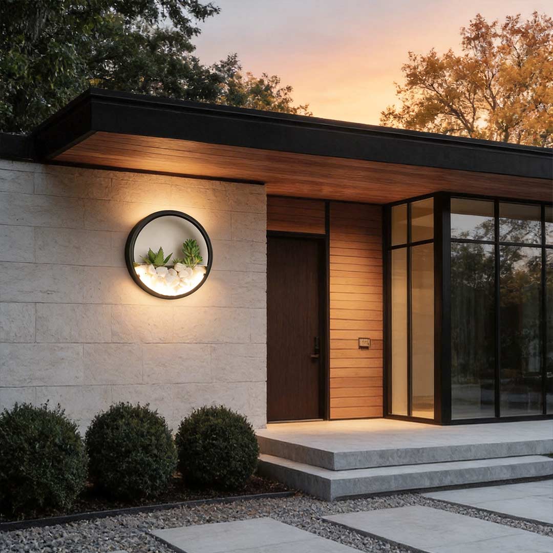 Round plant wall lamp enhancing a contemporary house entrance with elegant ambient glow.