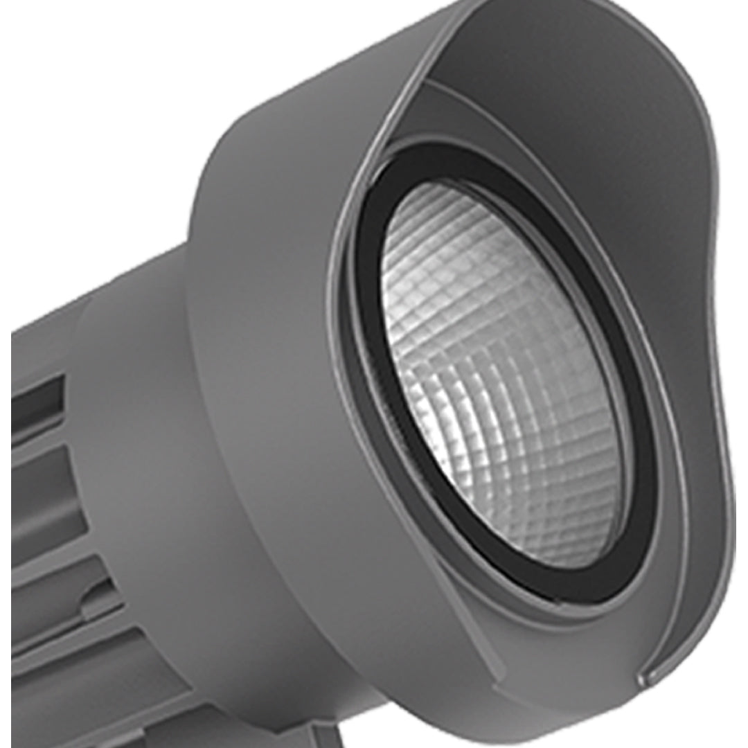 Round outdoor spotlight fixture with ribbed housing design for enhanced heat dissipation